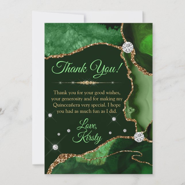Dark Green & Gold Faux Glitter Agate Quinceañera Thank You Card (Front)