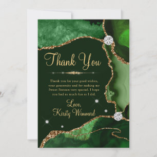 Dark Green & Gold Faux Glitter Agate Sweet 16 Thank You Card