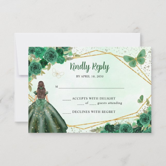 Dark Green Gold Floral Princess Quinceañera QR RSVP Card (Front)