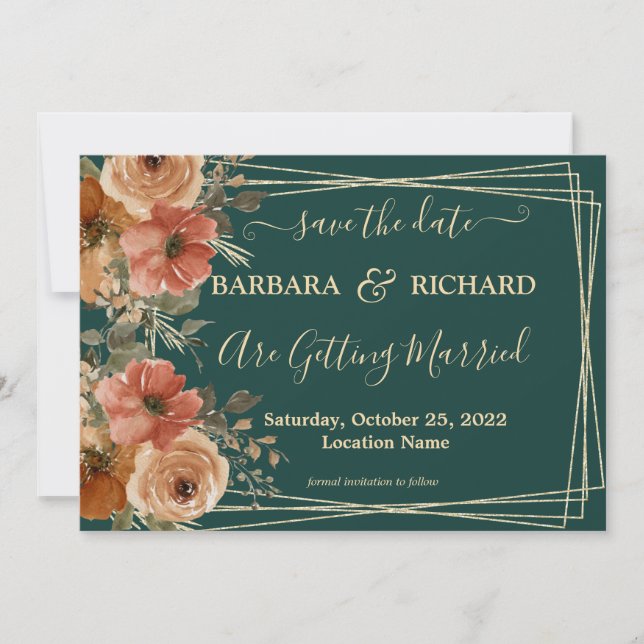 Dark Green Gold Floral Watercolor Save Date   Invitation (Front)
