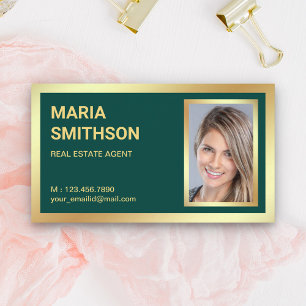 Dark Green Gold Foil Real Estate Realtor Photo Business Card