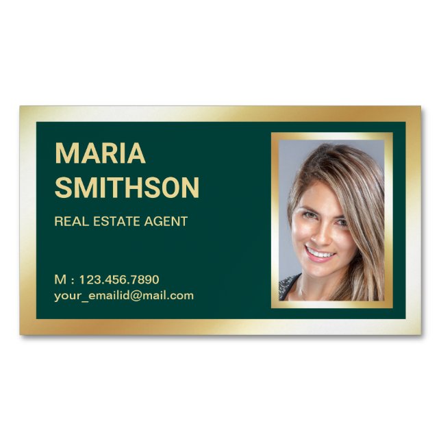 Dark Green Gold Foil Real Estate Realtor Photo Magnetic Business Card (Front)