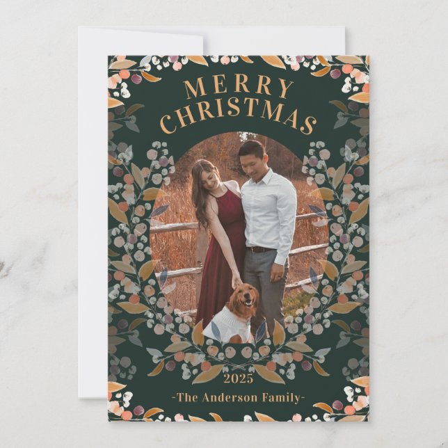 Dark Green Gold Framed Photo Holiday Card (Front)