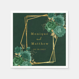 Dark Green Gold Geometric Floral Wedding Napkins