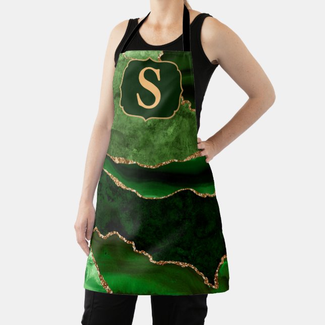 Dark Green & Gold Glitter Marble Agate Monogram Apron (Insitu)