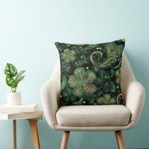 DARK GREEN & GOLD IRISH THEMED GLITTER LOOK CUSHION