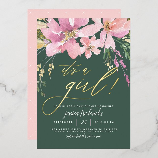 Dark Green & Gold It's A Girl Floral Baby Shower (Front/Back)