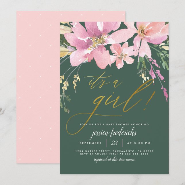 Dark Green & Gold It's A Girl Floral Baby Shower Invitation (Front/Back)