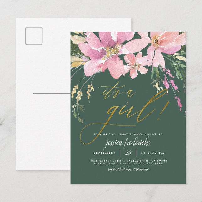 Dark Green & Gold It's A Girl Floral Baby Shower Invitation Postcard (Front/Back)