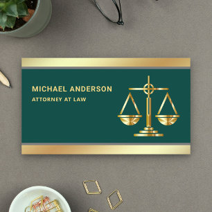 Dark Green Gold Justice Scale Lawyer Attorney Business Card