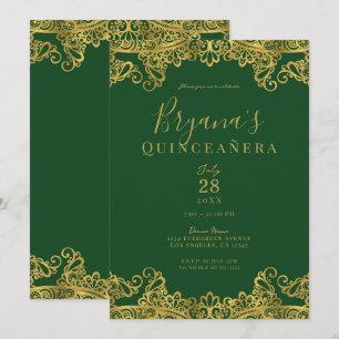 Dark Green & Gold Lace Elegant Quinceañera Party  Invitation