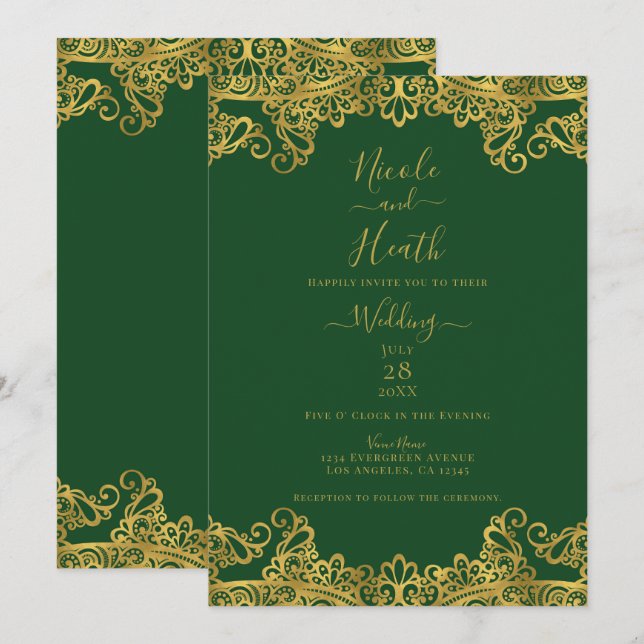 Dark Green & Gold Lace Elegant Wedding    Invitation (Front/Back)