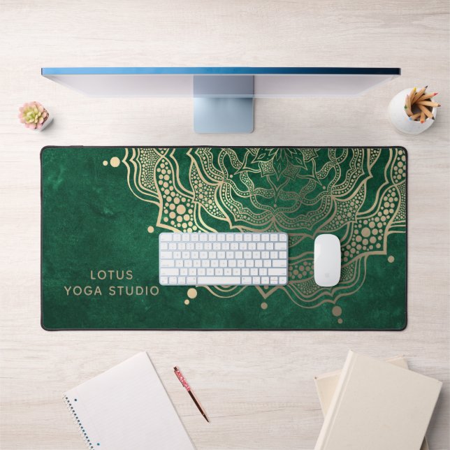 Dark Green & Gold Mandala Luxury Reiki Yoga Studio Desk Mat (Office 1)