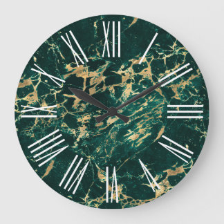 Dark Green Gold Marble White Roman Numerals Large Clock