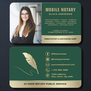 Dark Green Gold Mobile Notary Signing Agent Photo Business Card