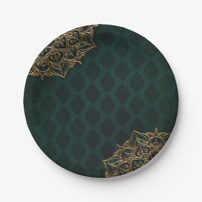 Dark Green & Gold Moroccan Arabian Nights Wedding Paper Plate (Front)