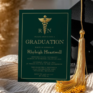 Dark Green Gold Nurse RN Graduation Party Invitation