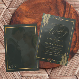 Dark Green Gold Tropical Wedding Invitation