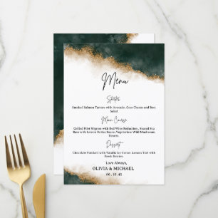 Dark Green & Gold Watercolor Wedding Menu Card