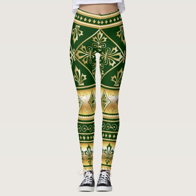 Dark Green Gold White Celtic Gaelic Design Leggings (Front)