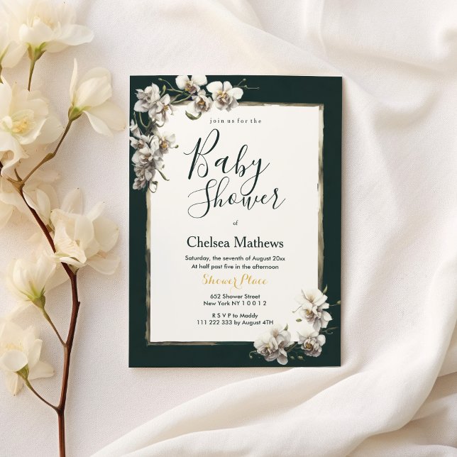 Dark green gold white orchid flower Baby Shower Invitation (Dark green gold white orchid flower Baby Shower)