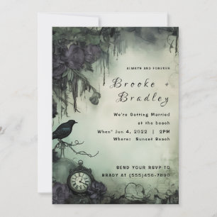 Dark Green Gothic Timepiece Wedding Invitation