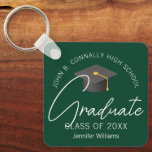 Dark Green Graduate Custom 2025 Graduation Key Ring<br><div class="desc">This modern dark green custom senior graduate keychain features your high school or college name for the class of 2025. Customise with your graduating year under the chic handwritten script and grey grad cap for a great personalised graduation key chain gift.</div>