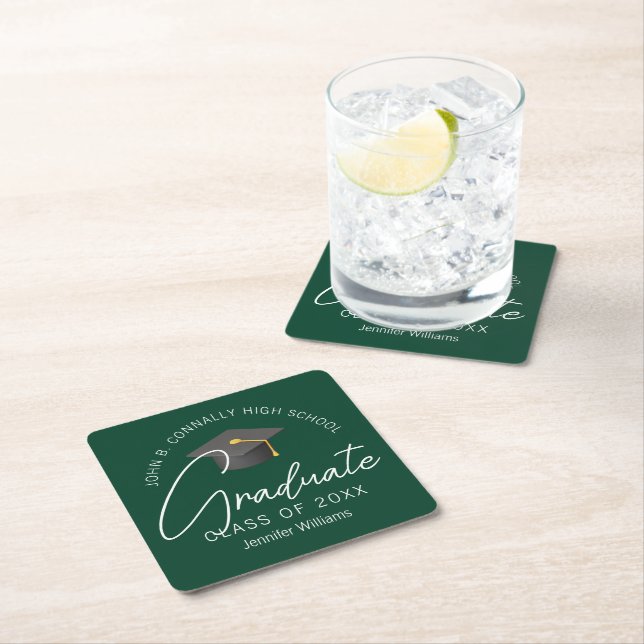 Dark Green Graduate Personalised Graduation Party Square Paper Coaster (Insitu)