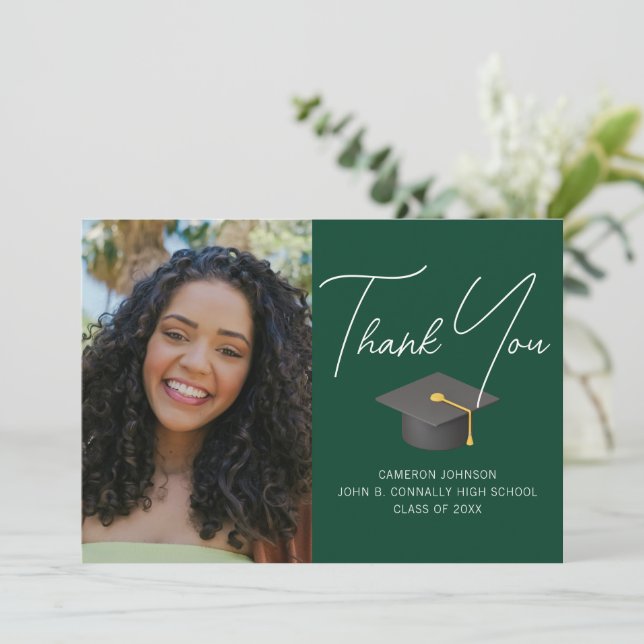 Dark Green Graduate Photo Personalised Graduation Thank You Card (Standing Front)