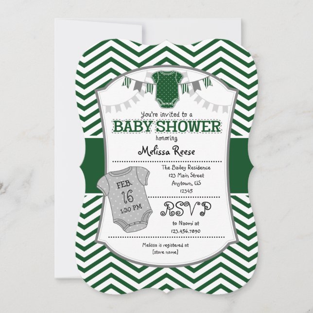 Dark Green Grey Chevron Baby Shower Invitation (Front)
