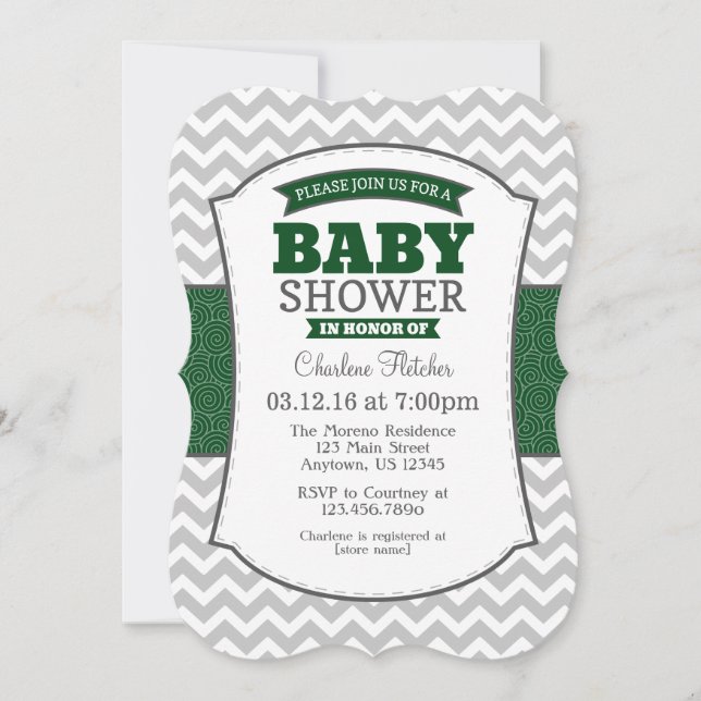 Dark Green Grey Chevron Baby Shower Invitation (Front)