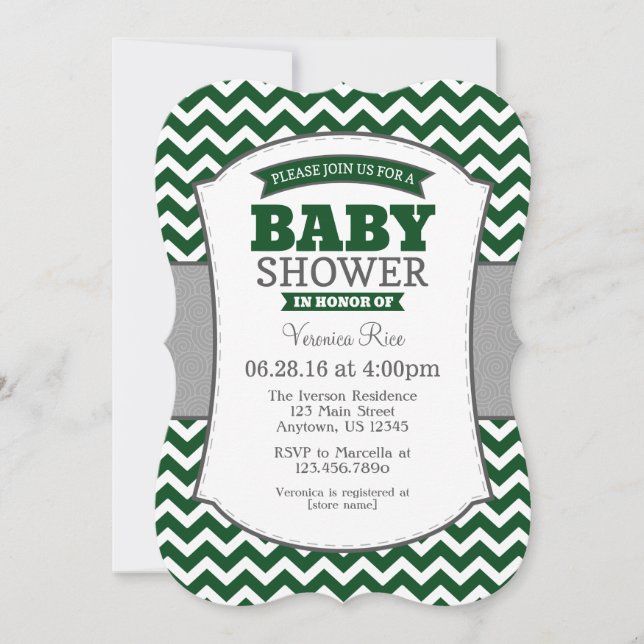 Dark Green Grey Chevron Baby Shower Invitation (Front)