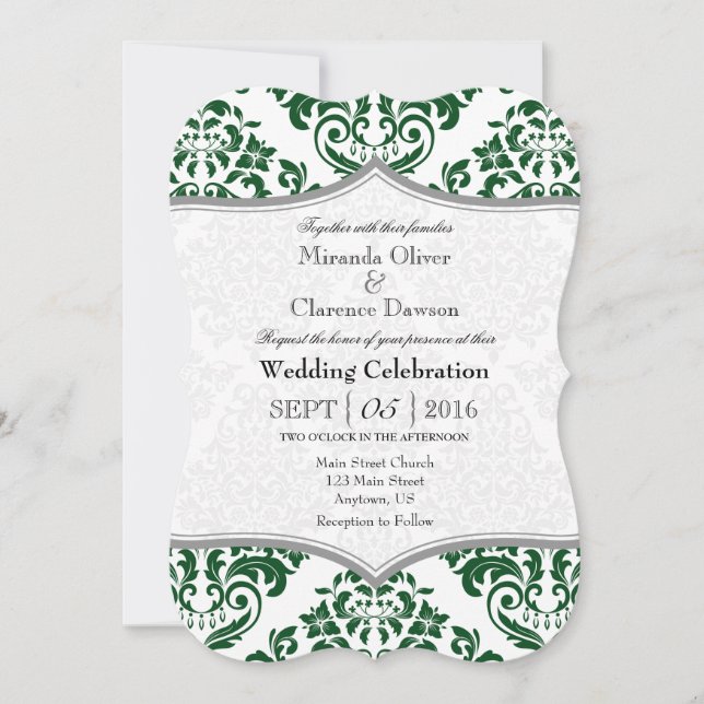 Dark Green Grey Damask Bracket Wedding Invite (Front)