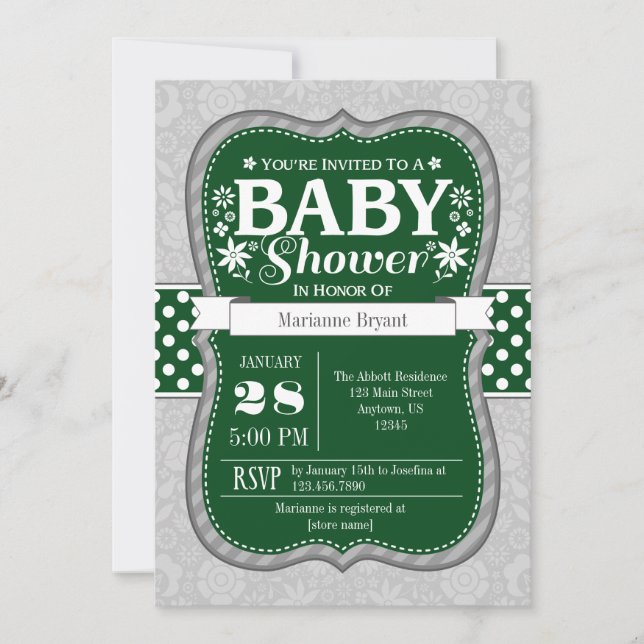 Dark Green Grey Floral Flower Baby Shower Invite (Front)