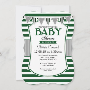 Dark Green Grey Stripes Baby Shower Invitation