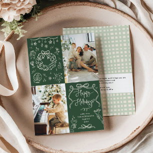 Dark Green Hand Drawn Bows Happy Holidays 2 Photo Holiday Card