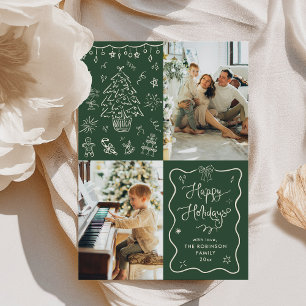 Dark Green Hand Drawn Chalk Happy Holidays 2 Photo Holiday Card