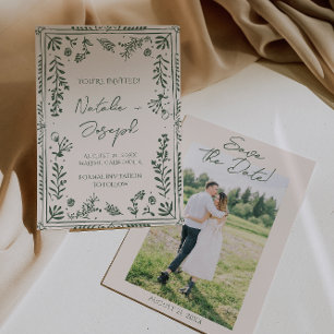Dark Green Hand Drawn Floral Garden Photo Wedding  Save The Date