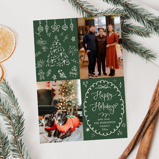 Dark Green Hand Drawn Happy Holidays 2 Photo Holiday Card (Creator Uploaded)