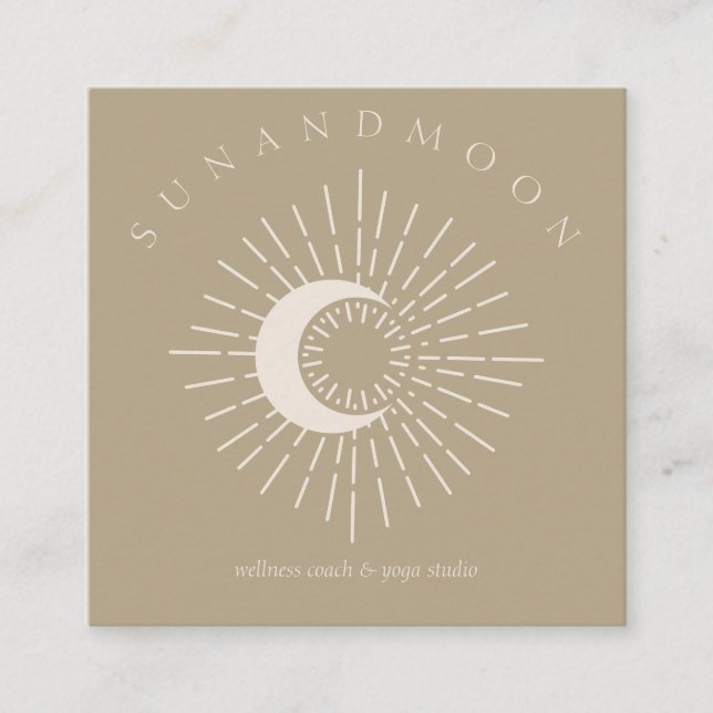Dark Green Healing Sun Moon Spiritual Solar Energy Square Business Card (Front)
