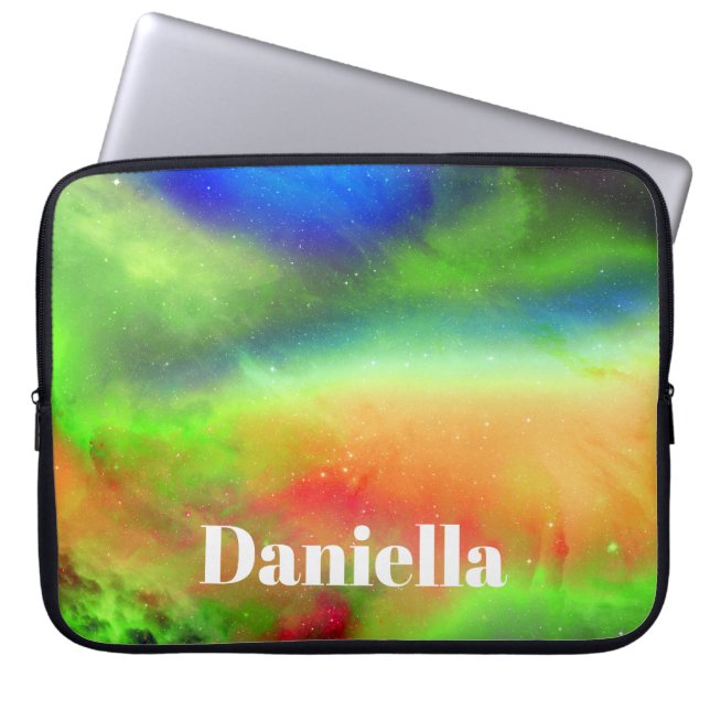 Dark Green Holographic Sky with Custom Name Laptop Sleeve (Front)