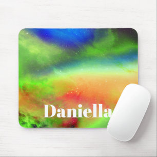Dark Green Holographic Sky with Custom Name Mouse Mat