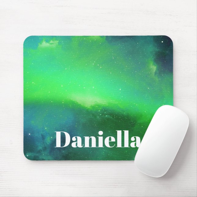 Dark Green Holographic Sky with Custom Name Mouse Mat (With Mouse)
