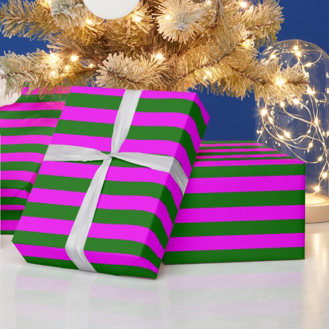 Dark Green Hot Pink Stripe Pattern Wrapping Paper (Holidays)