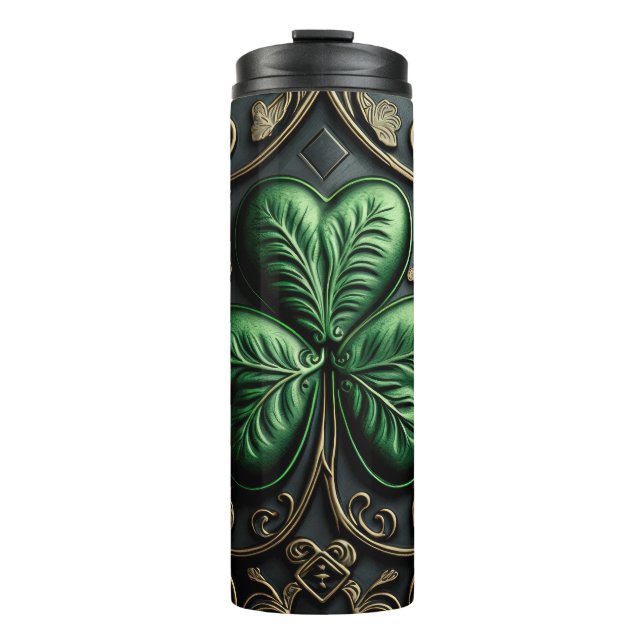 DARK GREEN INTRICATE IRISH CELTIC SHAMROCKS THERMAL TUMBLER (Front)