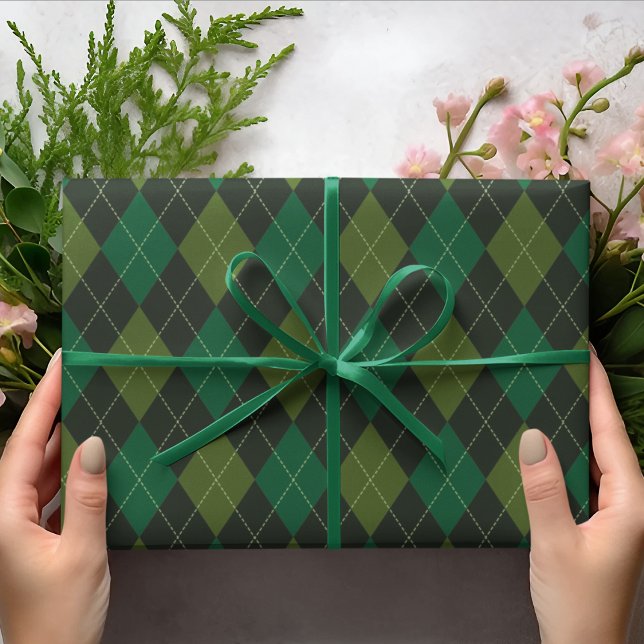 Dark Green Irish Argyle Diamond Pattern Wrapping Paper (Elegant Dark Green Argyle Pattern for Him. Irish Wedding, Groom, Groomsman, Dad, St. Patrick's Day)