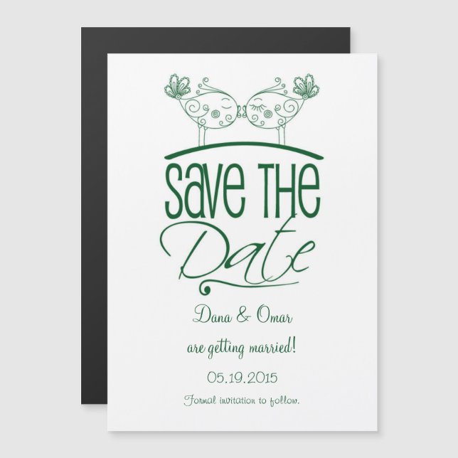 Dark Green Kissing Birds Magnetic Save the Date Magnetic Invitation (Front/Back)