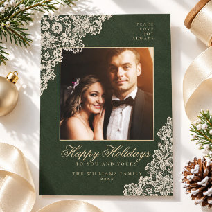 Dark Green Lace Elegant Family Photo Christma Holiday Card