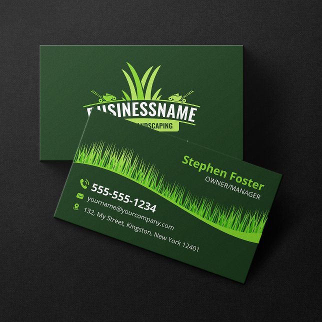 Dark Green Lawn Care Landscaping Mowing Lawncare Business Card (Creator Uploaded)