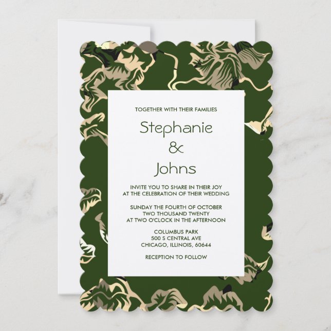 Dark Green Leafy Leaves Pattern Silver Wedding Invitation (Front)